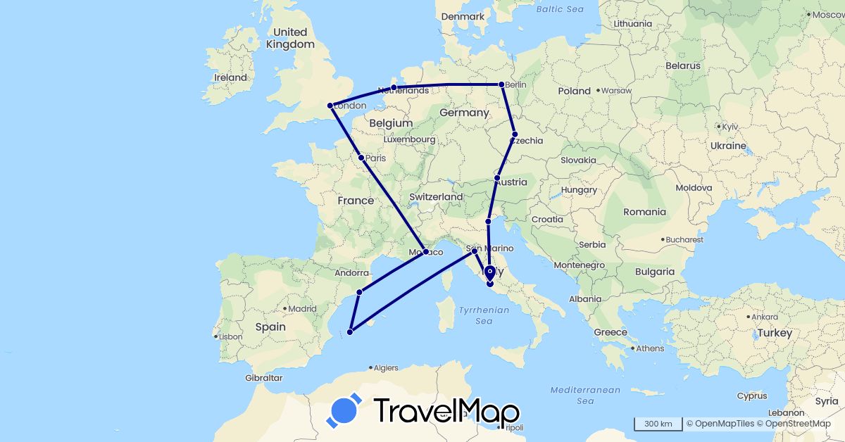 TravelMap itinerary: driving in Austria, Czech Republic, Germany, Spain, France, United Kingdom, Italy, Monaco, Netherlands (Europe)